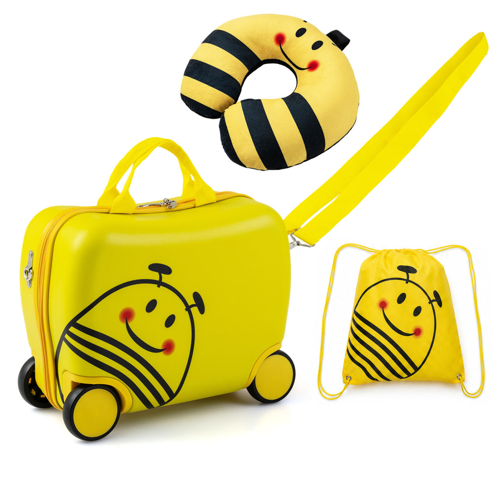 Bright yellow 3-piece kids carry-on luggage set features a bee design, including a suitcase, headrest, and backpack for travel.