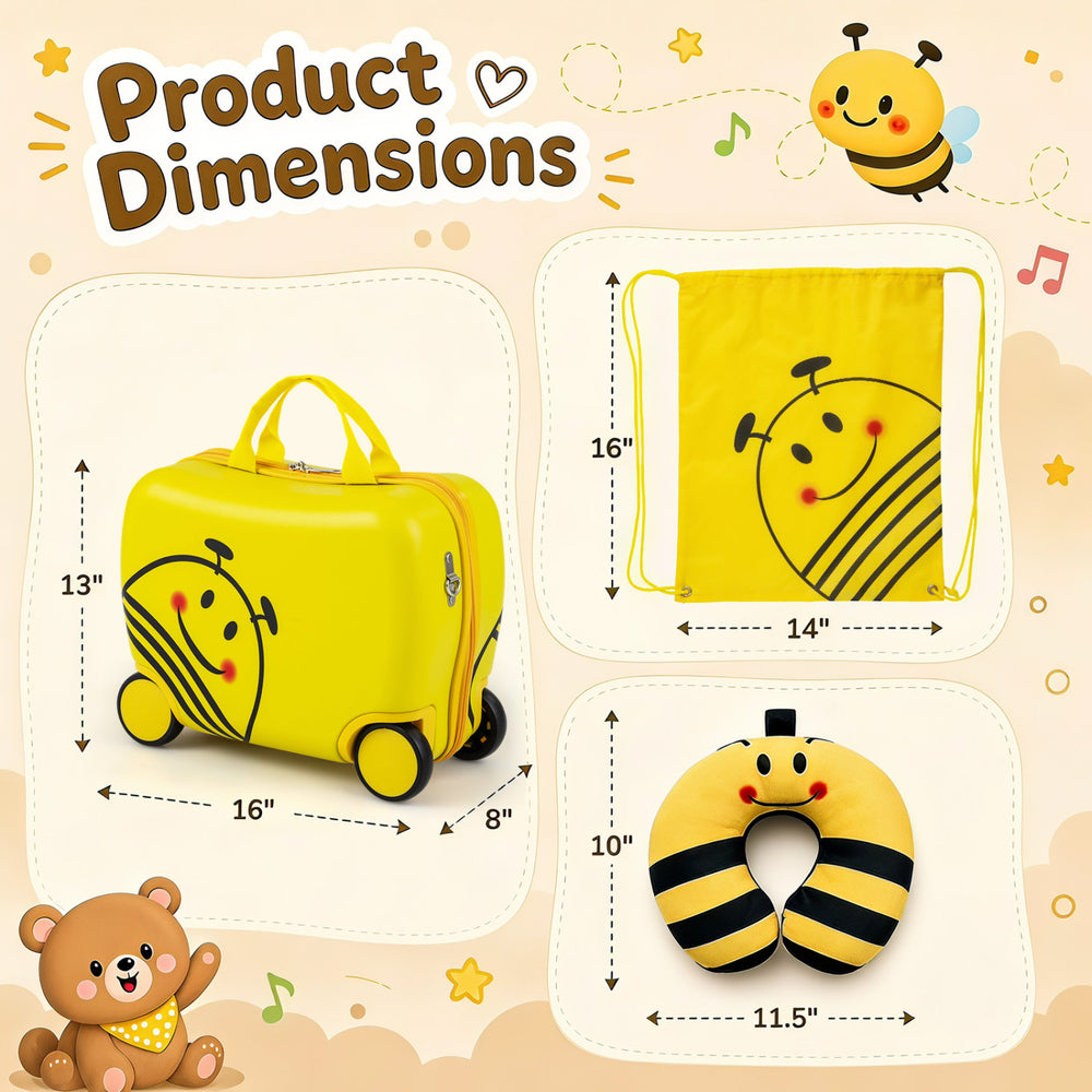 Kids 3-piece carry-on luggage set features a bee design with a suitcase, backpack, and soft headrest for travel comfort.