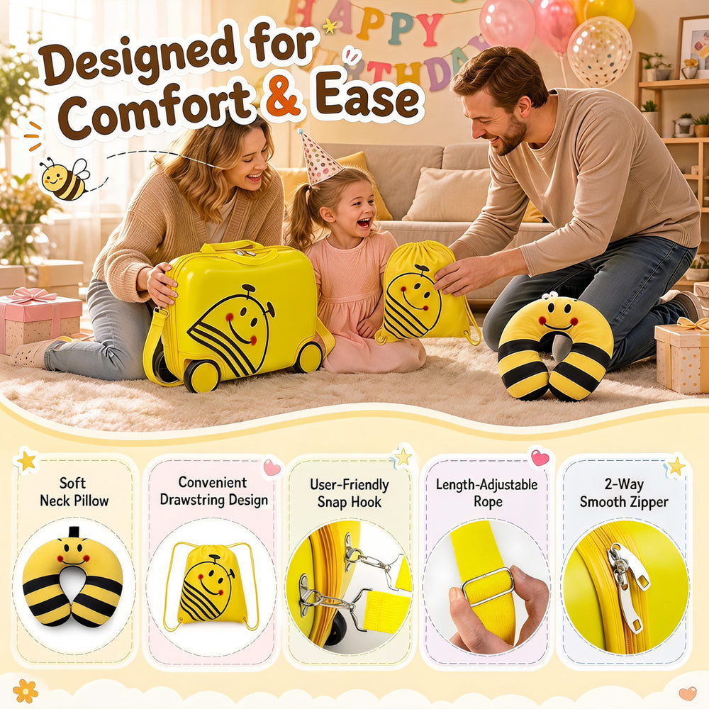 3-piece kids carry-on luggage set features an adorable bee design, including a suitcase, backpack, and soft neck pillow for travel comfort.