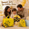 Bright yellow 3-piece kids carry-on luggage set with bee design, including a suitcase, backpack, and headrest for travel fun.