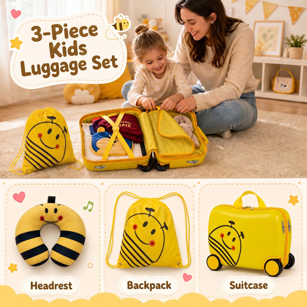 3-piece kids luggage set featuring a bee design includes a suitcase, backpack, and headrest for comfortable travel.