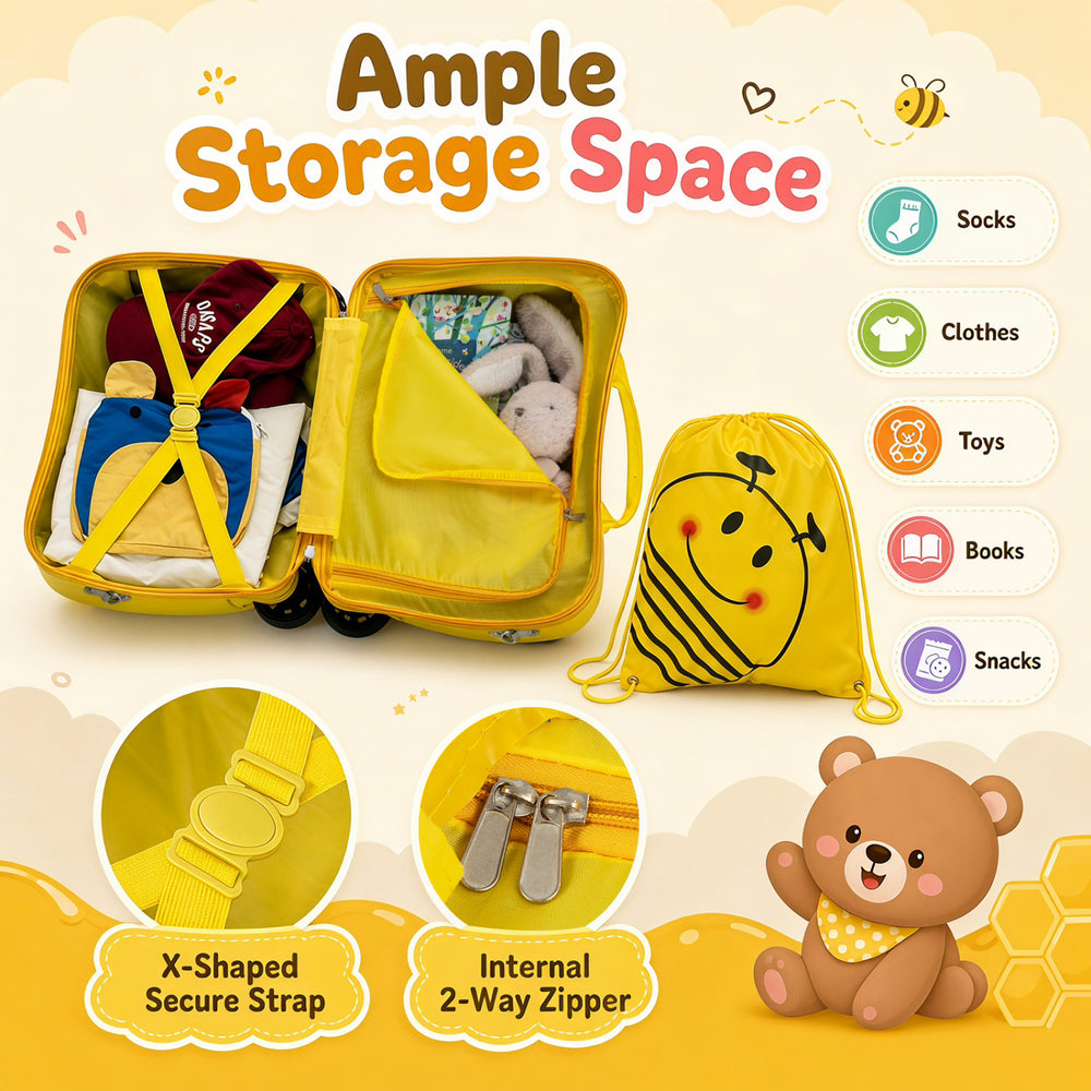 Kids carry-on luggage set featuring a bee design, includes suitcase, backpack, and headrest for organized travel.