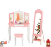 Kids vanity set in pink with tri-fold mirror, jewelry armoire, and stool for imaginative play and storage.