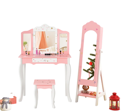 Costway Kids Vanity Set Jewelry Armoire Full-Length Mirror Pink 29175346 New