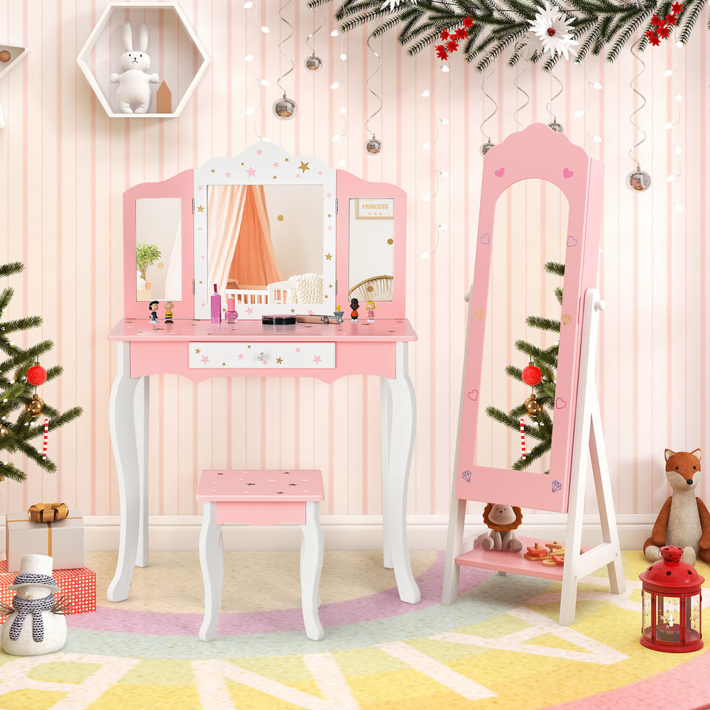 2 Pieces Kids Vanity Set and Jewelry Armoire Cabinet with Full-length Mirror-Pink - Gallery View 1 of 9