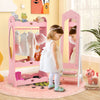 Kids vanity set in pink with full-length mirror, jewelry armoire, and storage for pretend play and organization.