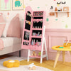 Kids vanity set with pink jewelry armoire and full-length mirror, perfect for pretend play and storage in a child's.