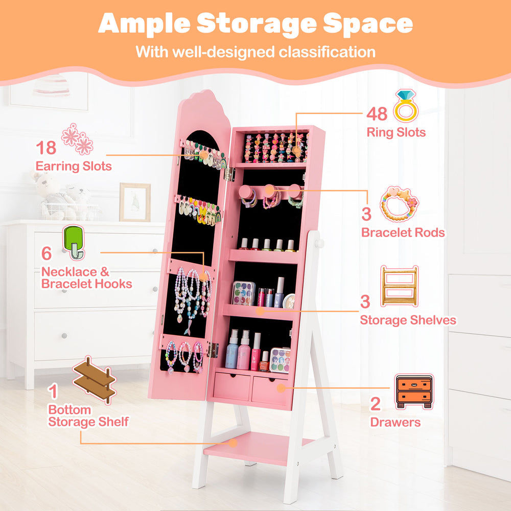 Kids jewelry armoire cabinet in pink with 48 ring slots, 8 earring slots, and multiple storage compartments for.