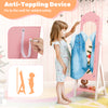 Kids vanity set in pink with full-length mirror, featuring anti-toppling device for safety and storage compartments.