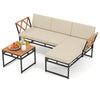 L-shaped patio furniture set featuring acacia wood, beige cushions, and a coffee table, ideal for outdoor relaxation.