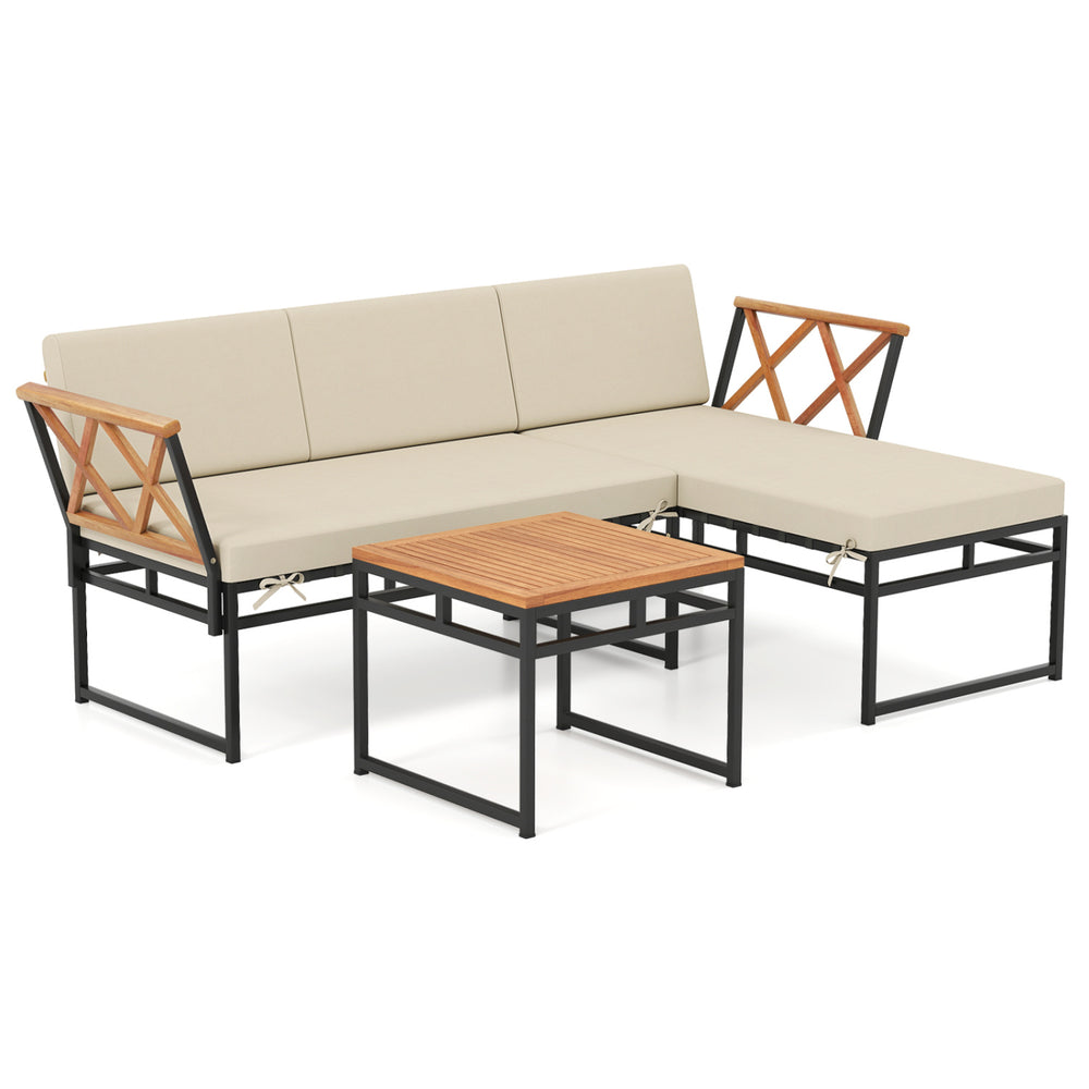 L-shaped patio furniture set with beige cushions, acacia wood accents, and a coffee table for outdoor relaxation.