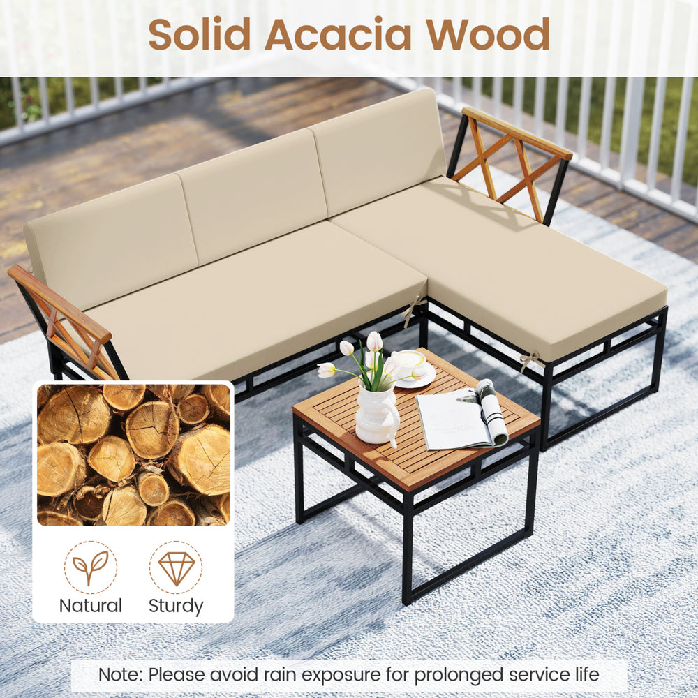 L-shaped patio furniture set featuring solid acacia wood, beige cushions, and a functional coffee table for outdoor.
