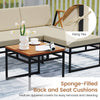 L-shaped patio furniture set featuring sponge-filled cushions and a wooden coffee table, perfect for outdoor relaxation.