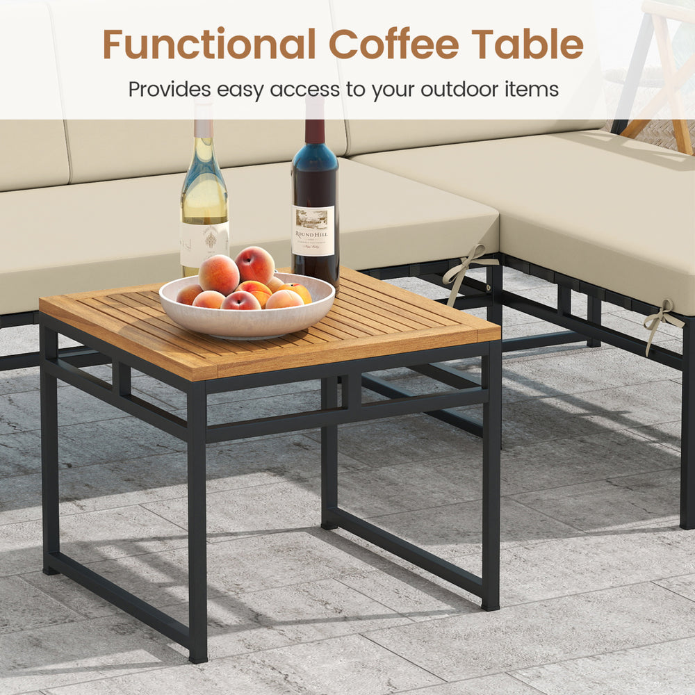 Functional coffee table with acacia wood top and metal frame, perfect for outdoor items in your patio or backyard.
