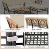L-shaped patio furniture set with acacia wood, beige cushions, and wide backrest, perfect for outdoor relaxation.