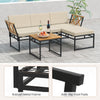 L-shaped patio furniture set with beige cushions, acacia wood accents, and a robust metal frame for outdoor relaxation.
