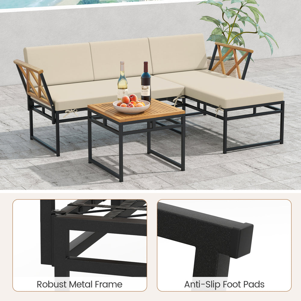 L-shaped patio furniture set with beige cushions, acacia wood accents, and a robust metal frame for outdoor relaxation.