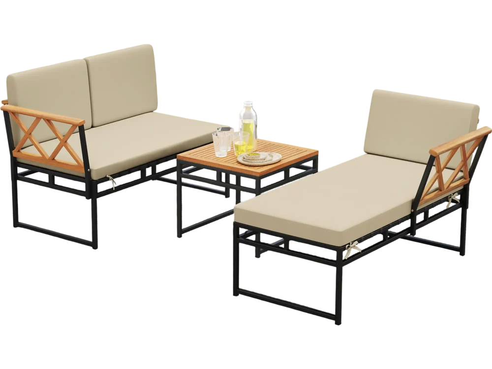 L-shaped 3-piece patio furniture set in beige with acacia wood accents, perfect for poolside relaxation.