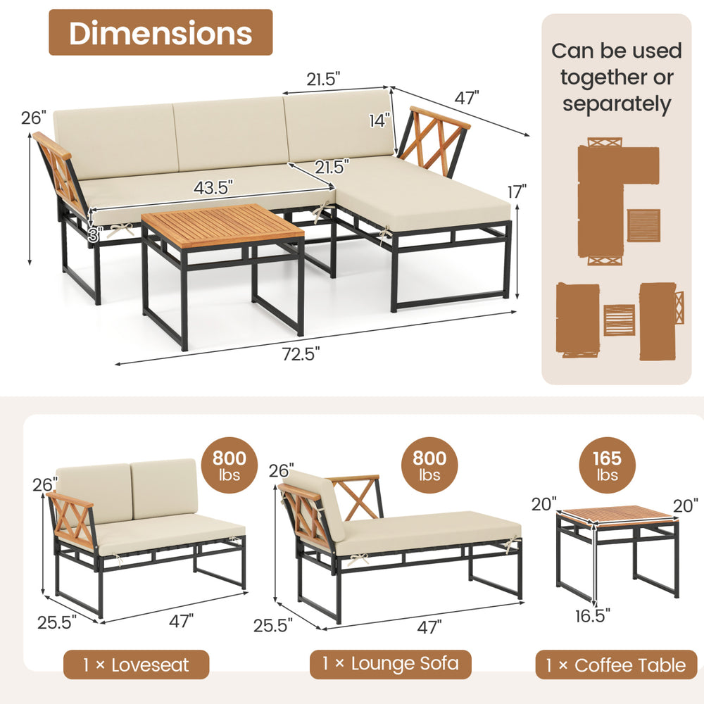L-Shaped patio furniture set featuring beige cushions, acacia wood coffee table, ideal for backyard and poolside.