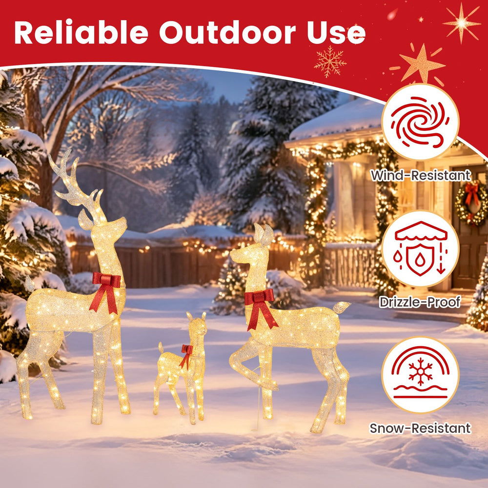 Lighted golden Christmas reindeer family set with 280 LED lights, sturdy metal frame, and festive bowknots for outdoor decoration.