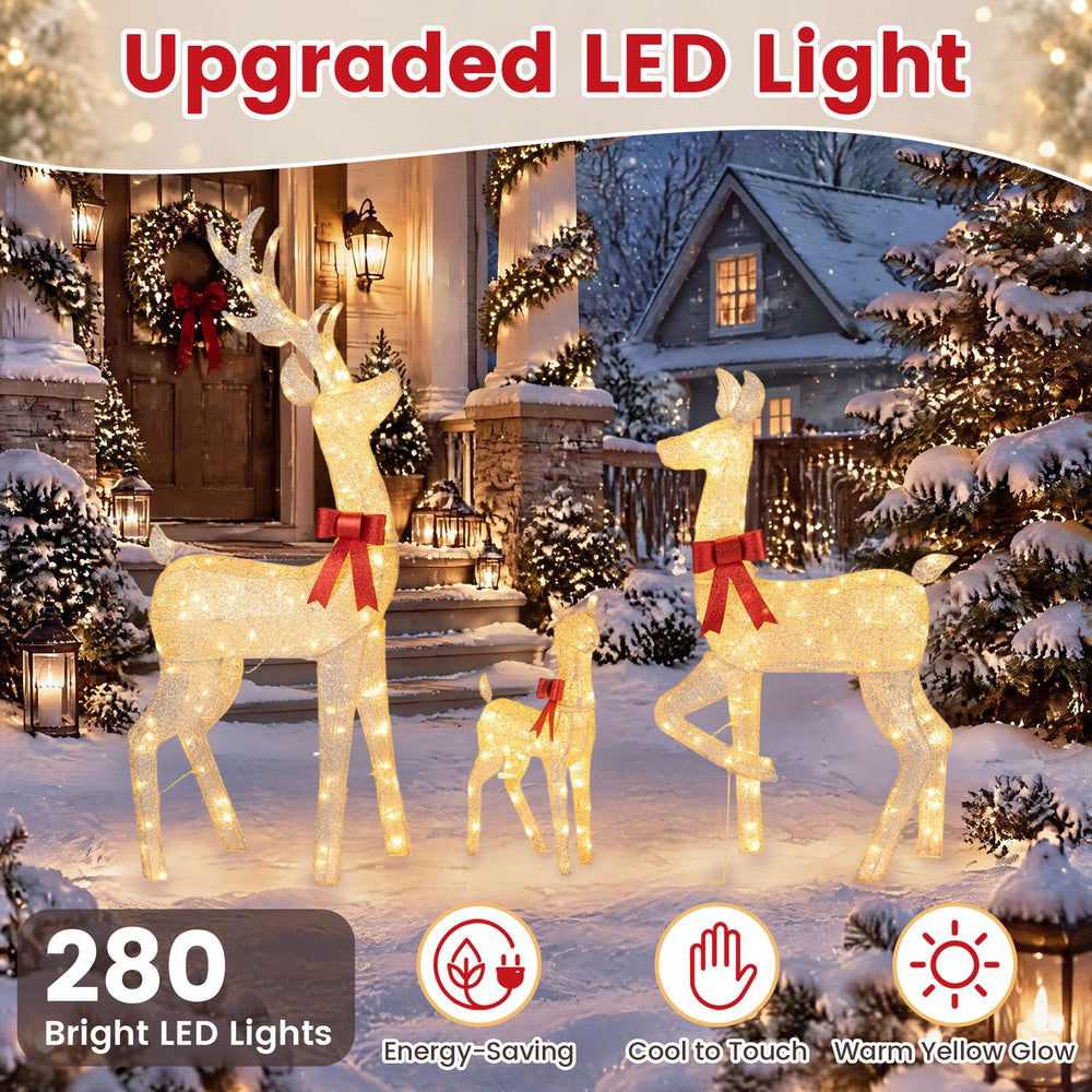 Lighted golden Christmas reindeer family set with 280 LED lights, perfect for festive outdoor holiday displays.