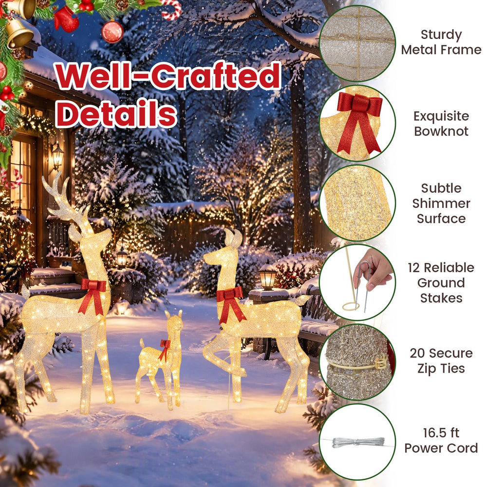 Lighted golden Christmas reindeer family set with 280 LED lights, sturdy metal frame, and exquisite bowknots for festive decor.