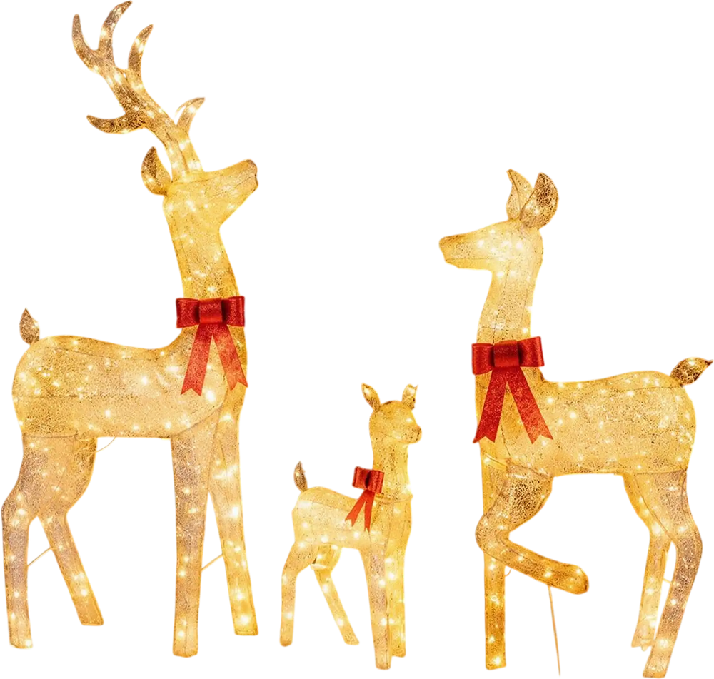 Lighted golden Christmas reindeer family set with 280 LED lights, motorized head-shaking, and festive bowknots for outdoor decor.