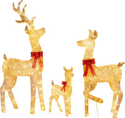Costway 3-Piece Lighted Golden Christmas Reindeer Family Set 89194472 New