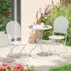 White metal bistro set featuring a round table and two folding chairs with a rattan-like pattern, perfect for outdoor.