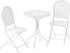 White 3-piece metal bistro set featuring a round table and two folding chairs, perfect for indoor and outdoor use.