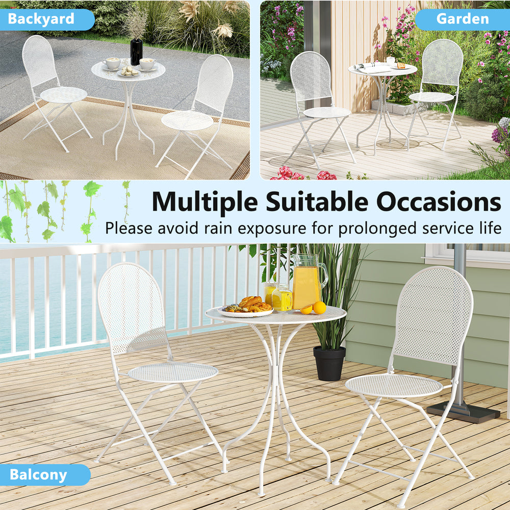 White 3-piece metal bistro patio set with round table and 2 folding chairs, perfect for outdoor dining and relaxation.