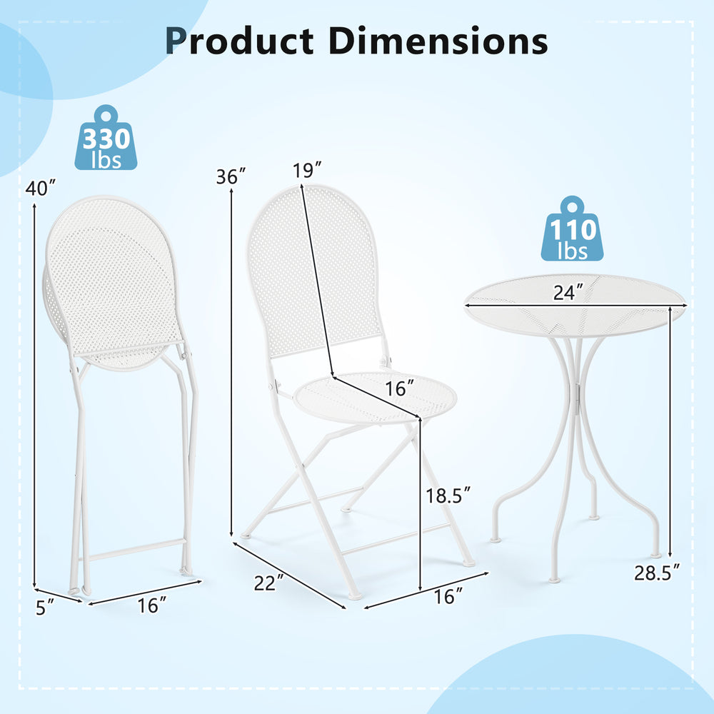 Dimensions of the 3 Piece Metal Bistro Patio Set, featuring a round table and two foldable chairs in white.