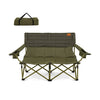 Oversized loveseat camping chair in olive green with thick padding and dual cup holders for outdoor relaxation.
