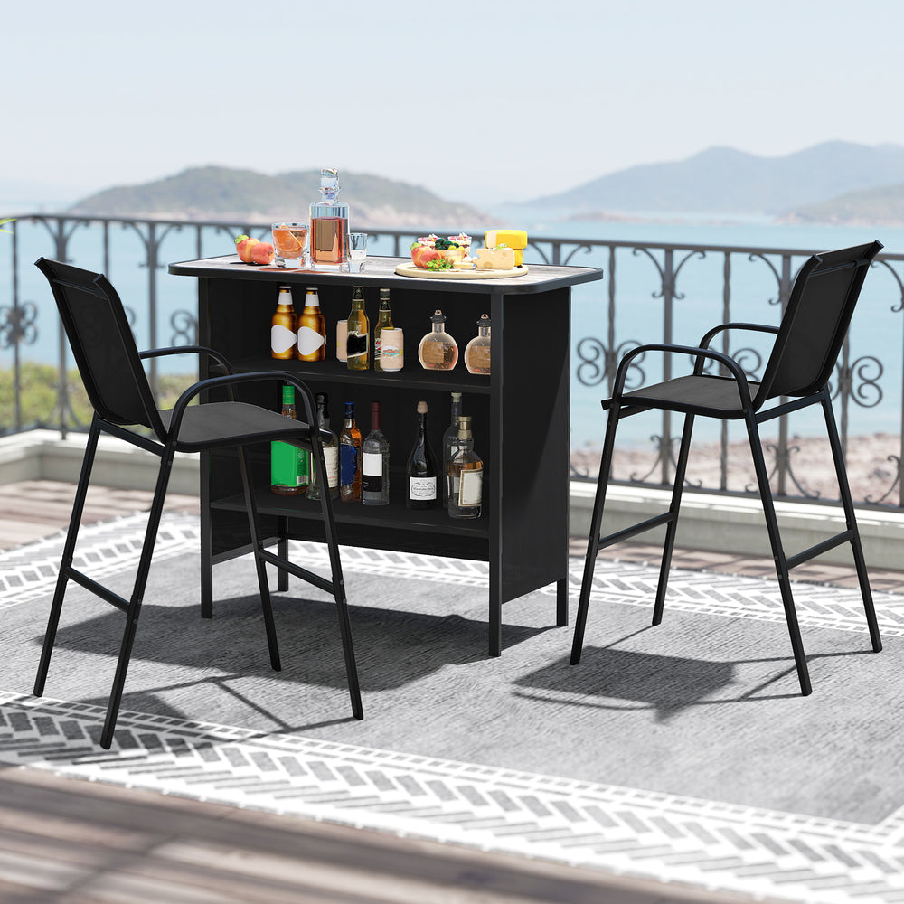 3 Piece Outdoor Bar Set with Footrest and 2-Tier Shelf-Black - Gallery View 1 of 10