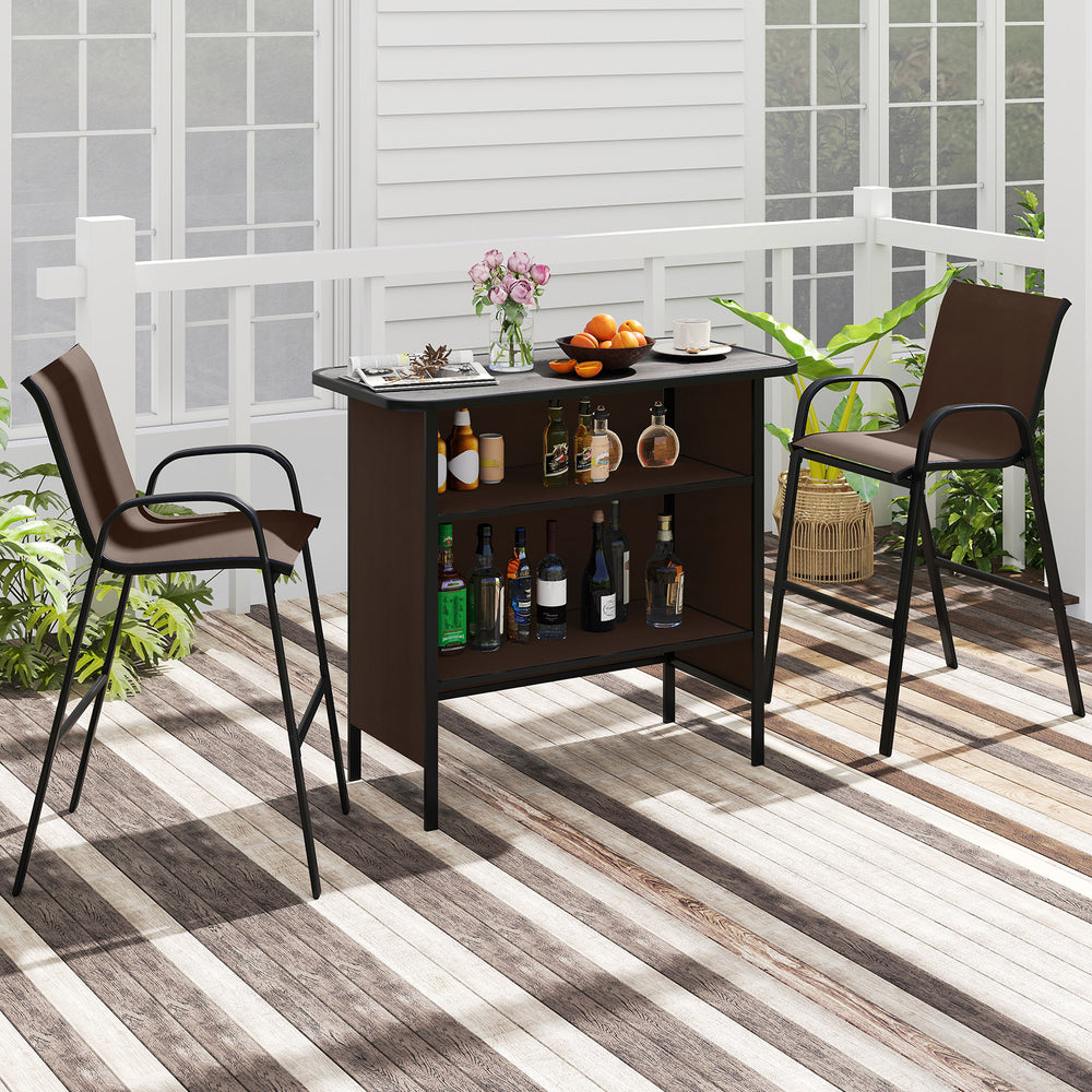 3-piece outdoor bar set featuring a coffee wood-like tabletop, two ergonomic barstools, and a 2-tier storage shelf.