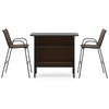 3-piece outdoor bar set featuring a wood-like PVC tabletop, two ergonomic barstools, and a 2-tier shelf for storage.