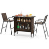 Outdoor bar set featuring a coffee wood-like tabletop, two barstools with footrests, and ample 2-tier shelf storage.
