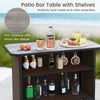 Outdoor bar table with wood-like PVC tabletop and two shelves, perfect for drinks and snacks by the poolside.