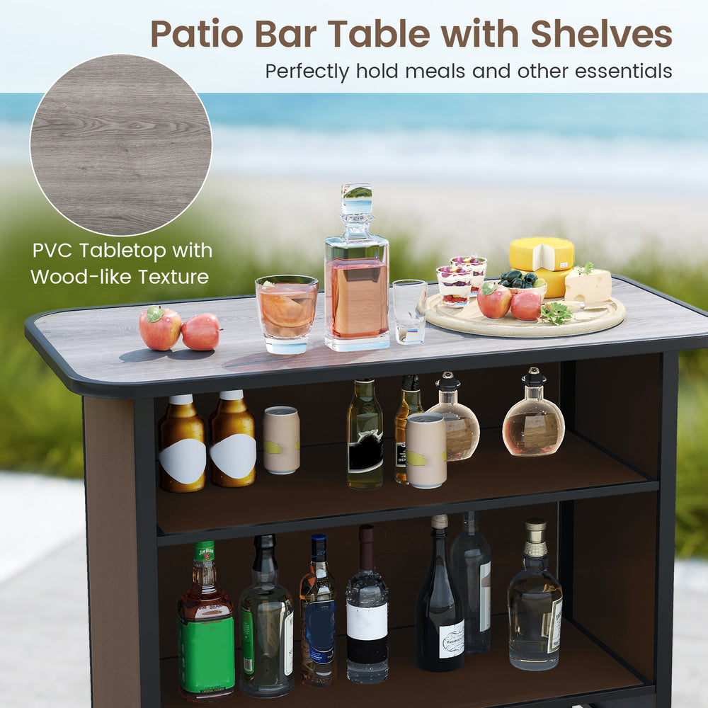 Outdoor bar table with wood-like PVC tabletop and two shelves, perfect for drinks and snacks by the poolside.