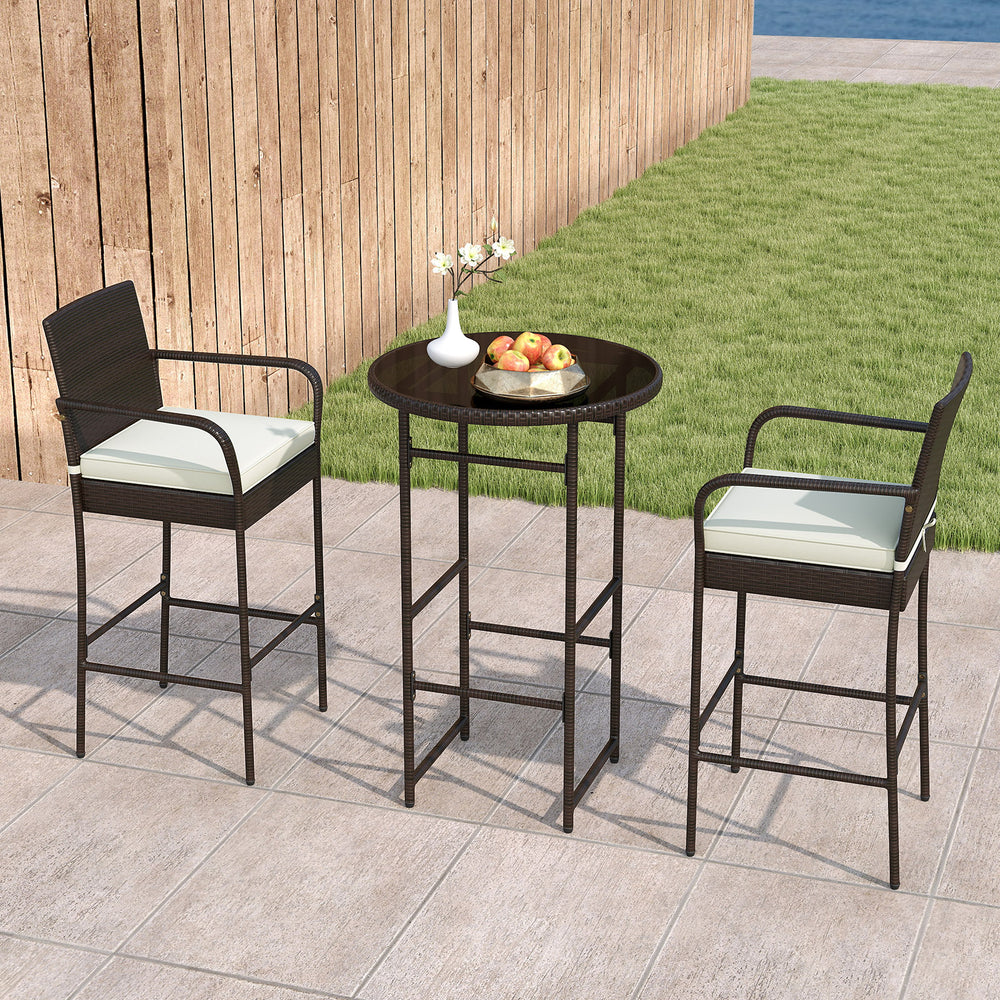3-piece outdoor bar set featuring two cushioned stools and a round table, perfect for backyard or porch relaxation.