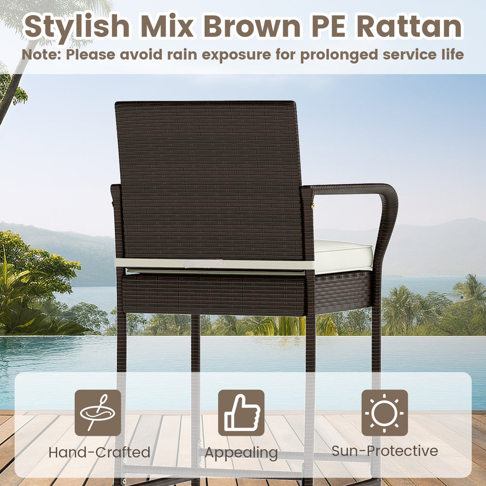Stylish outdoor bar chair with hand-woven PE rattan, soft cushion, and curved armrests for backyard relaxation.