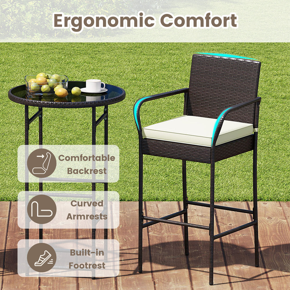 Outdoor bar set featuring a high chair with a comfortable backrest and soft cushion, perfect for porch or yard.