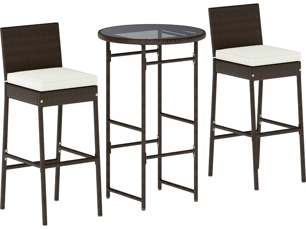 Three-piece outdoor bar set featuring heavy-duty metal barstools with white cushions and a tempered glass tabletop for.