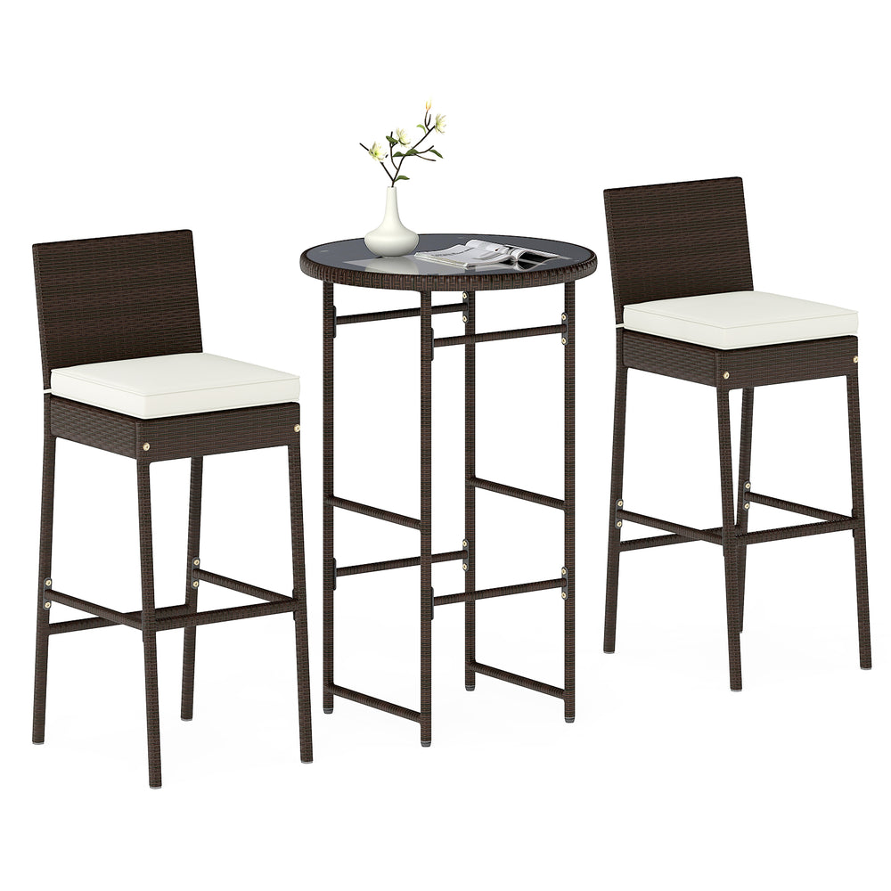 Three-piece outdoor bar set featuring heavy-duty metal barstools with white cushions and a round glass tabletop for.