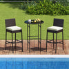 Outdoor bar set featuring two high stools with cushions and a round table, perfect for poolside relaxation.