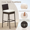 Cozy seat cushion on a high barstool from a 3-piece outdoor patio set, featuring PE wicker and a heavy-duty metal frame.
