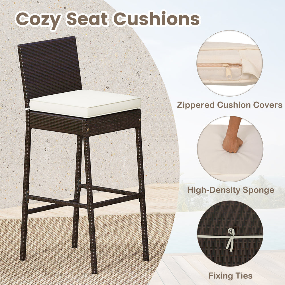 Cozy seat cushion on a high barstool from a 3-piece outdoor patio set, featuring PE wicker and a heavy-duty metal frame.