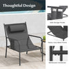 Gray metal chair with contoured seat and side storage pocket, perfect for outdoor relaxation by the poolside.