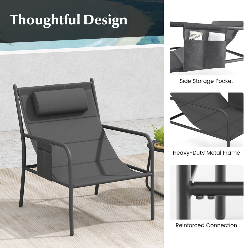 Gray metal chair with contoured seat and side storage pocket, perfect for outdoor relaxation by the poolside.