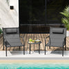 Gray outdoor bistro set featuring two metal chairs with elastic headrests and a coffee table, ideal for poolside.